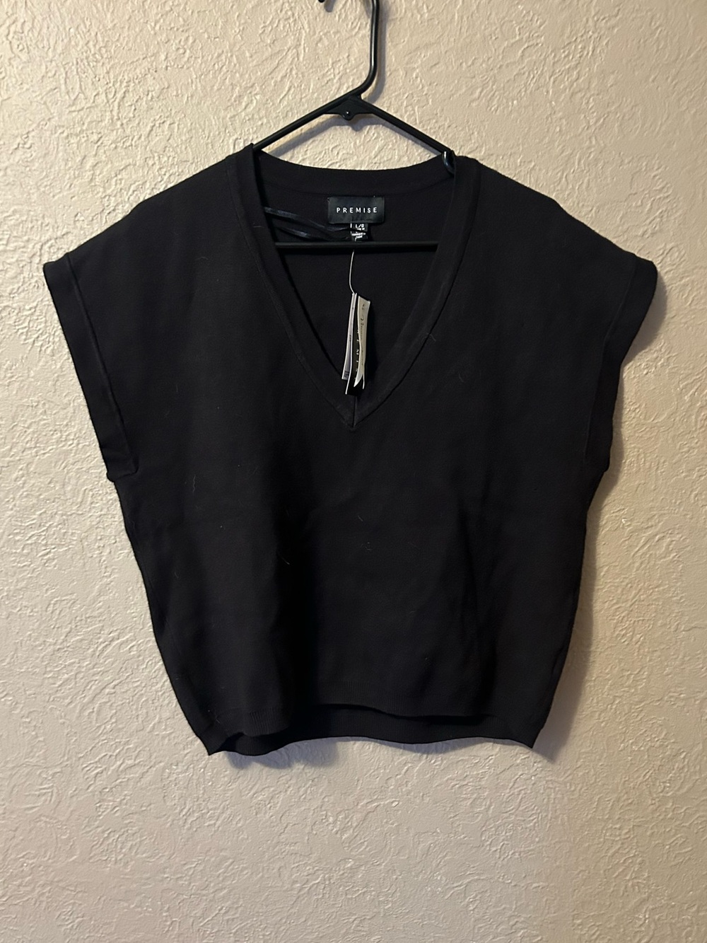 Premise Black V-Neck Cap-Sleeve Knit Top